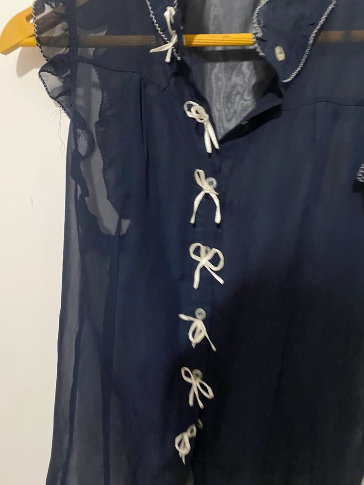 Navy Bow Detail Sheer Top