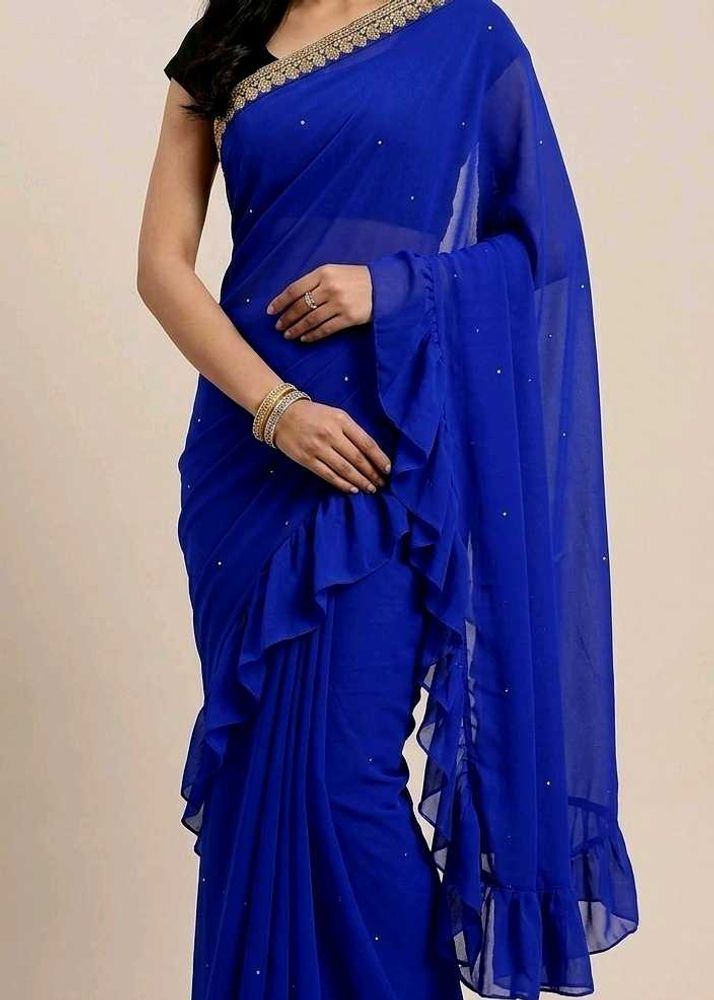 Elegant Royal Blue Ruffle Saree with stitched blou