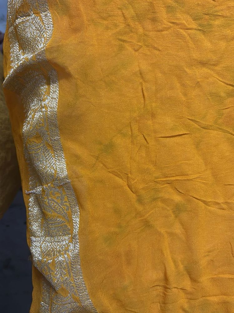 Elegant Yellow fabric with Silver Border 1 metre