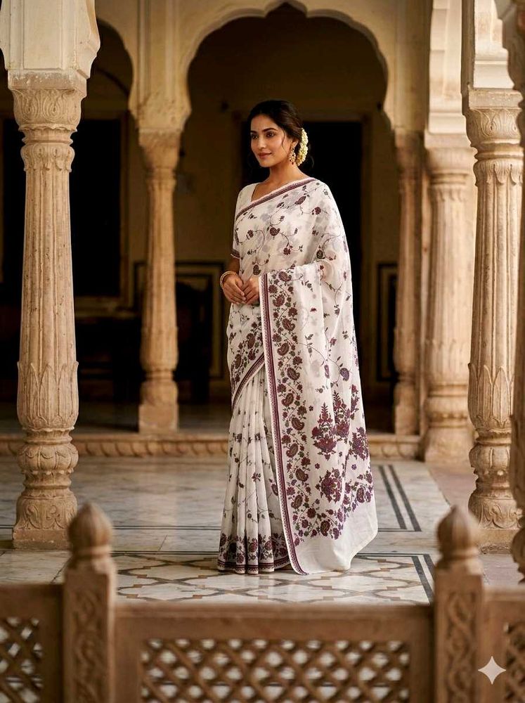 Elegant White Floral Print Saree