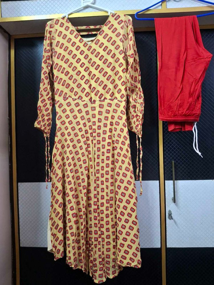Yellow &amp; Red Printed Anarkali Kurta Set