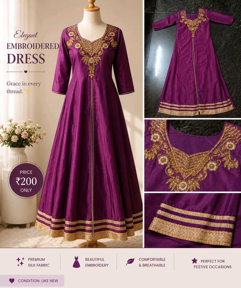 Elegant Purple Embroidered Silk Dress
