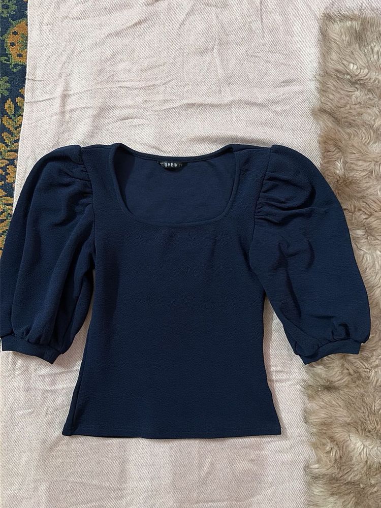 Navy Puff Sleeve Square Neck Top