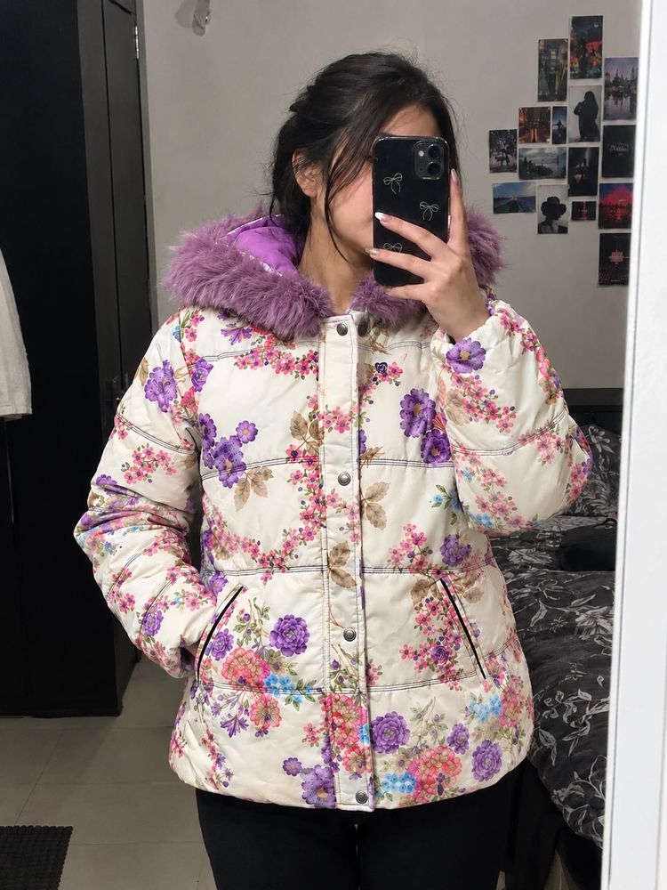 Floral Puffer Jacket with Fur Hood