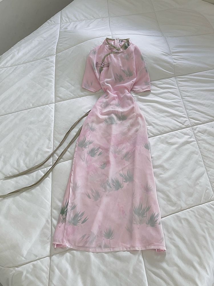 Vintage Pink Floral Cheongsam Dress