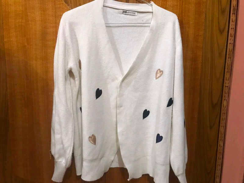 White Cardigan with Heart Appliques
