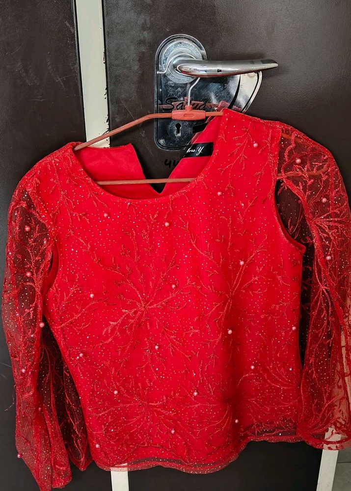 Elegant Red Embellished Party Top