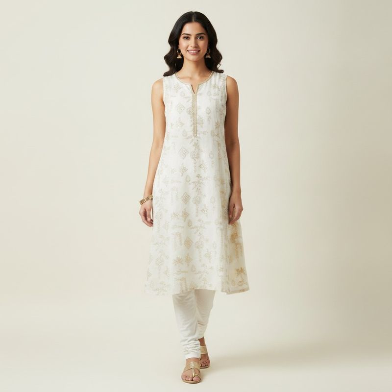 Elegant White short Kurta with Gold Embellishments