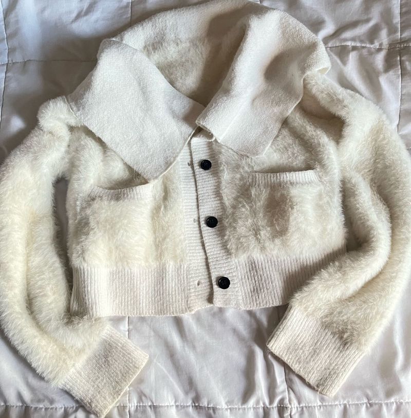Cozy White Fuzzy Cropped Cardigan