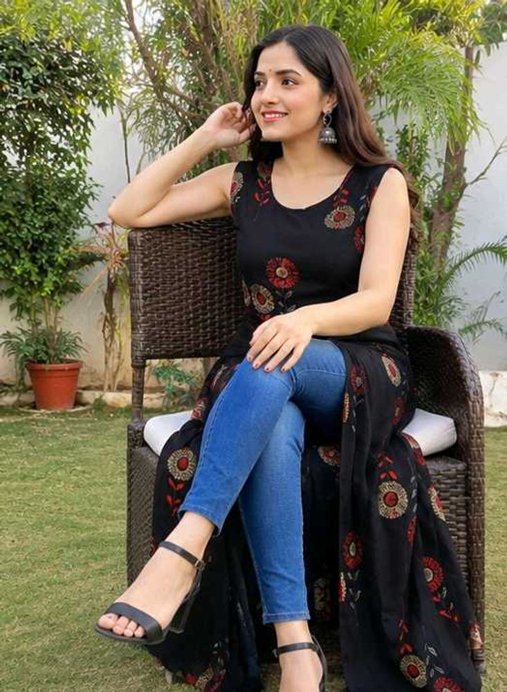 Stylish Black Floral Print Kurta