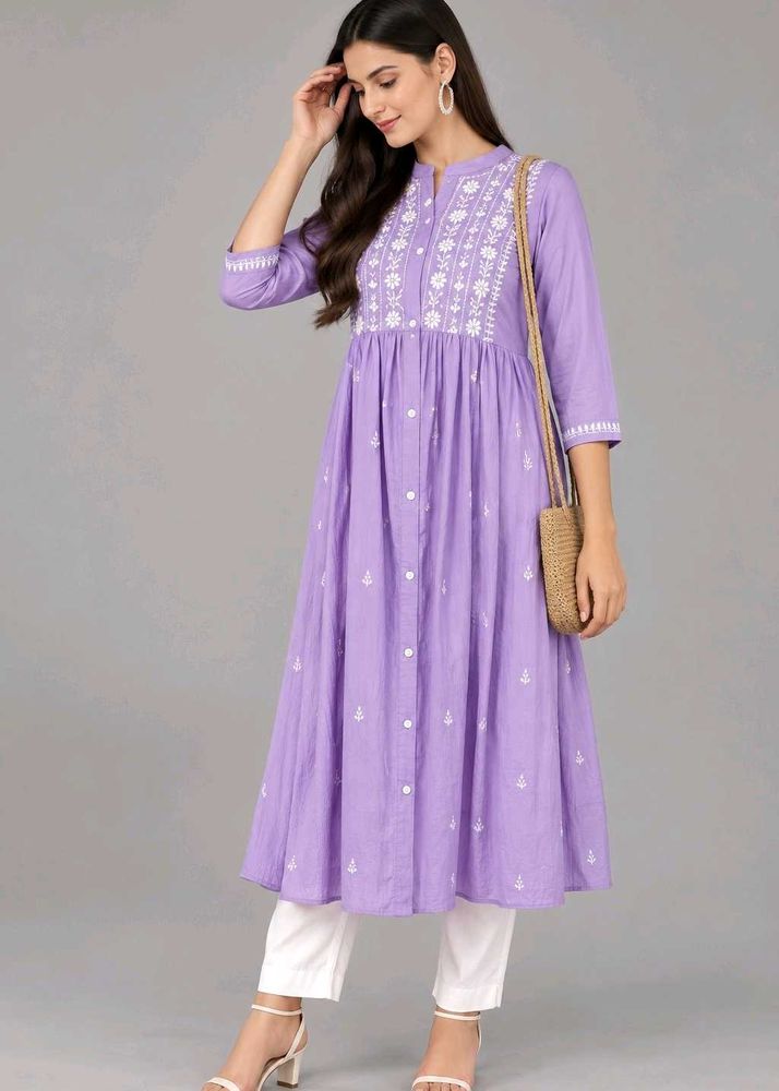 Lavender Embroidered Flared Kurta