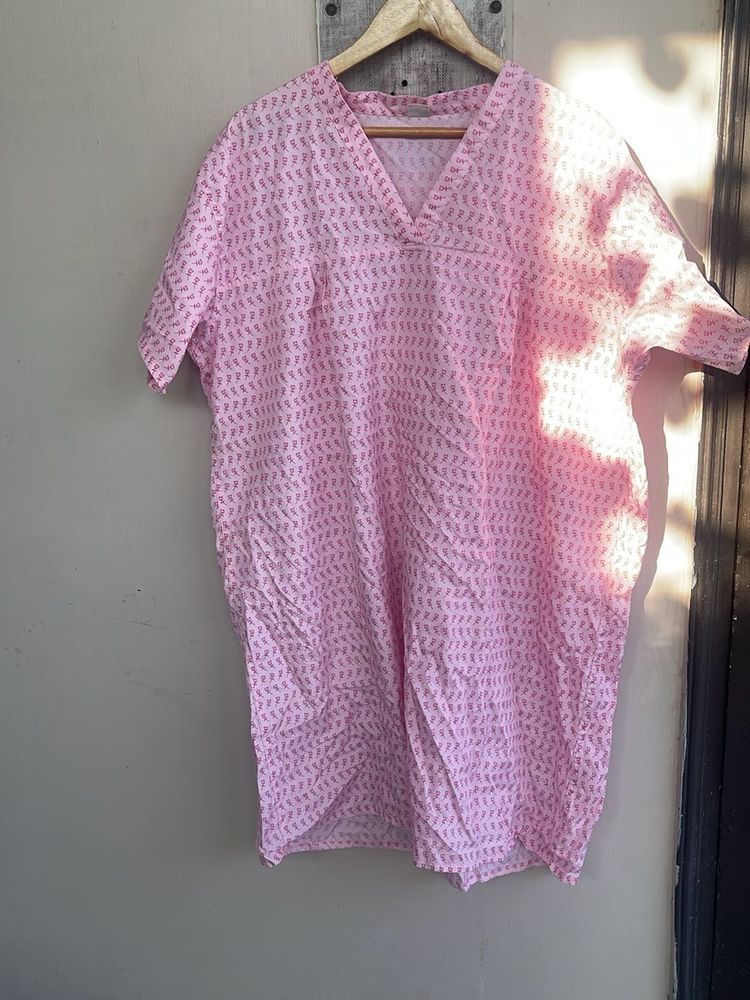Pink Printed V-Neck Kurta