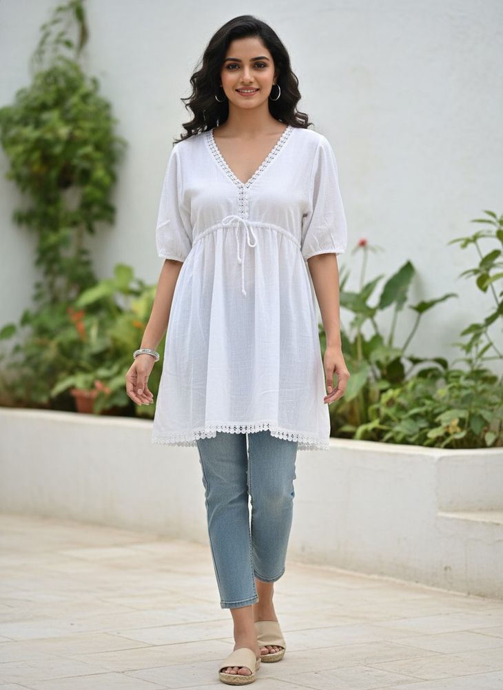 M&amp;S White Boho Lace Trim Top  Size fits L–X