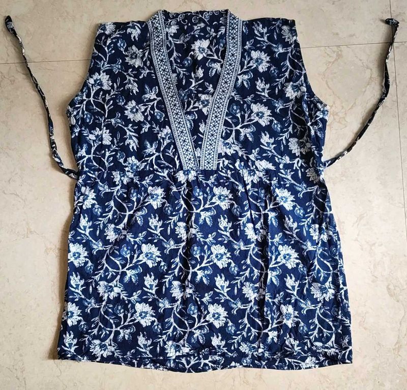 Adjustable Blue Floral Print Cotton Shirt Kurta