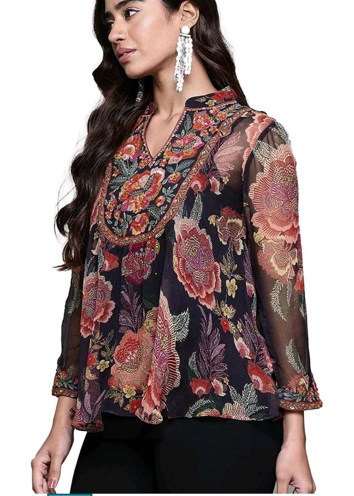 ithnic motifs print beads studded chiffon A line t