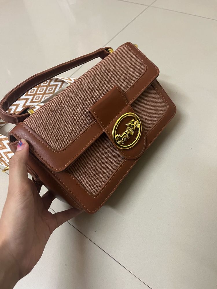 Chic Brown Crossbody Bag with Patterned Strap