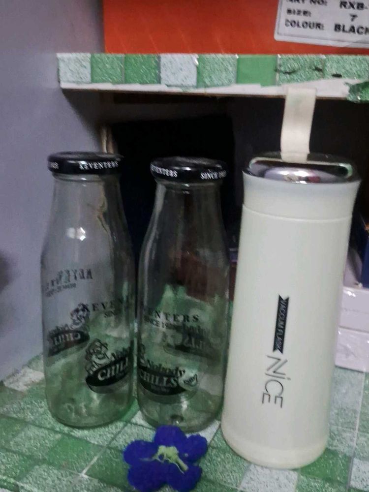 Set of 3 Glass Bottles &amp; Insulated Flask