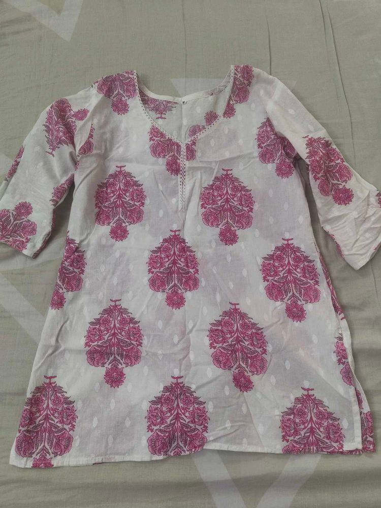 White Kurta with Pink Floral Print