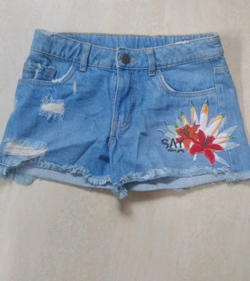 Blue Denim Shorts with Floral Embroidery