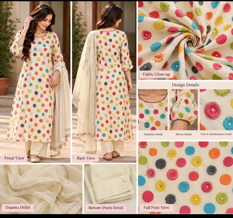 White Kurta Set with Colorful Polka Dots