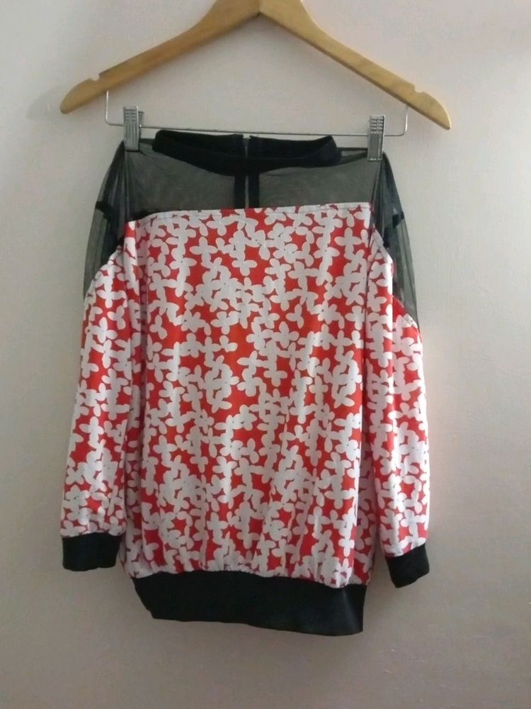 RED LINEN BLEND TOP WITH FLOWERS FOR WOMEN