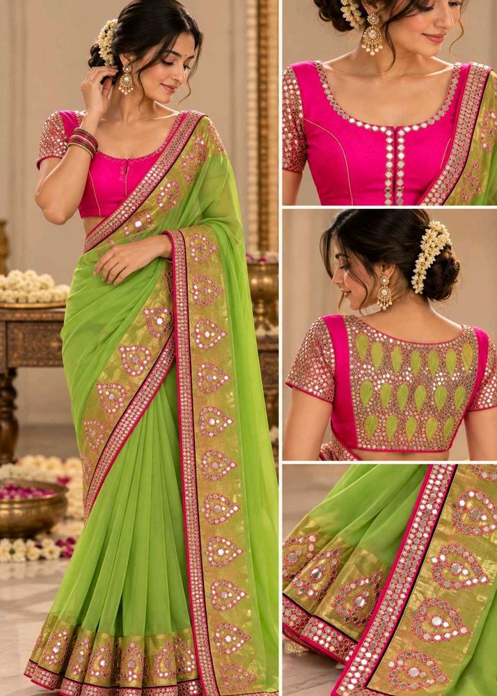 Stunning Double Shaded Green Saree with Mirror Wor
