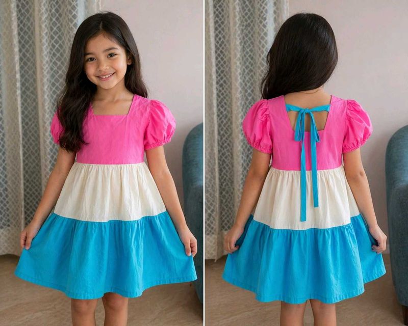 Girls Pink, Cream &amp; Blue Tiered Dress