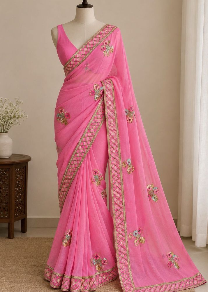 Pure Georgette  Pink Embroidered Saree