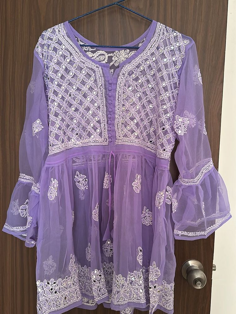 Chikankari Lavender Mirror-work Kurti