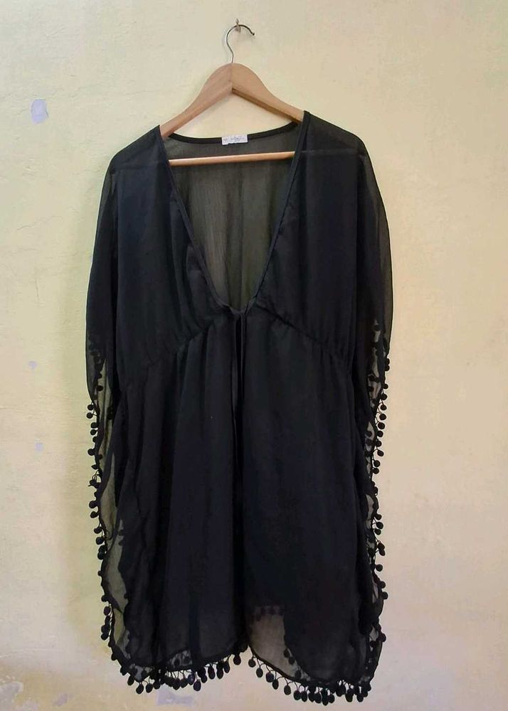 Sheer Black Cover-up kaftan with Pom-Poms