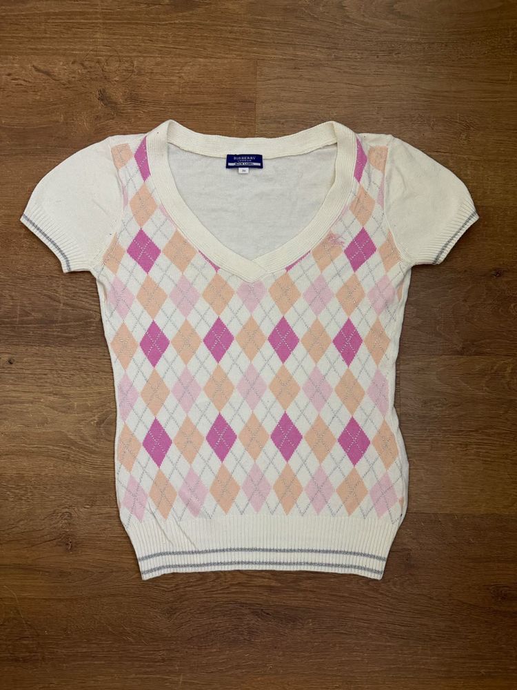 Authentic Burberry Pink Argyle V-Neck Sweater Top