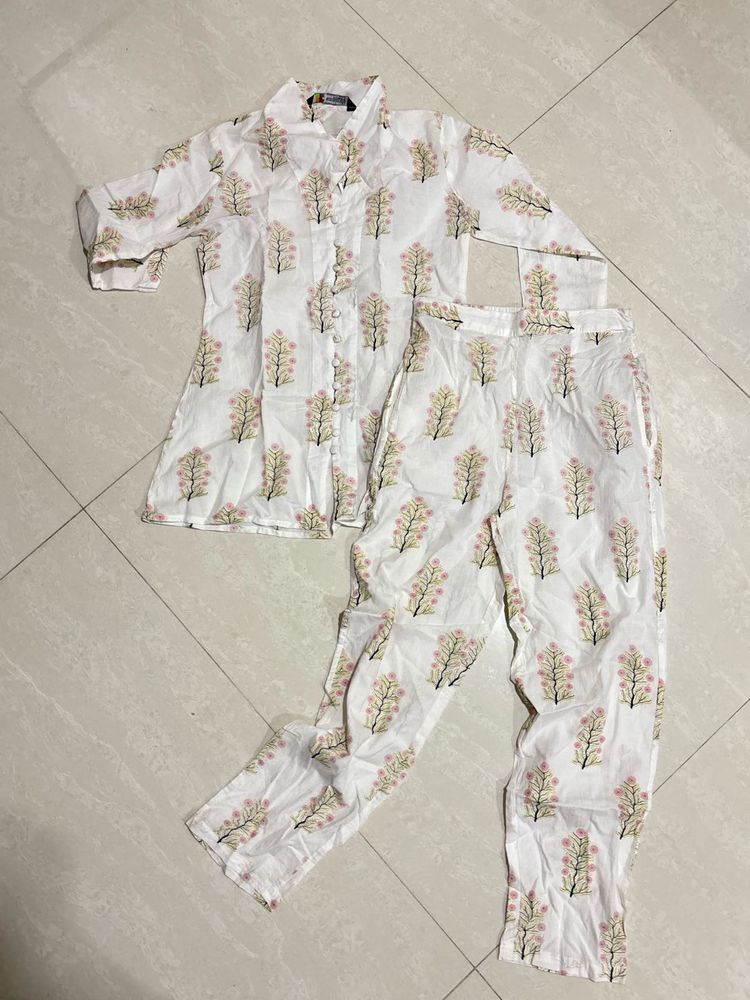 Elegant White Floral Print Co-ord Set