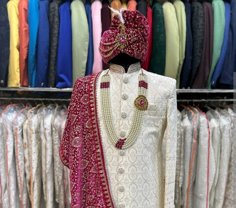 Elegant White Sherwani with Maroon Dupatta