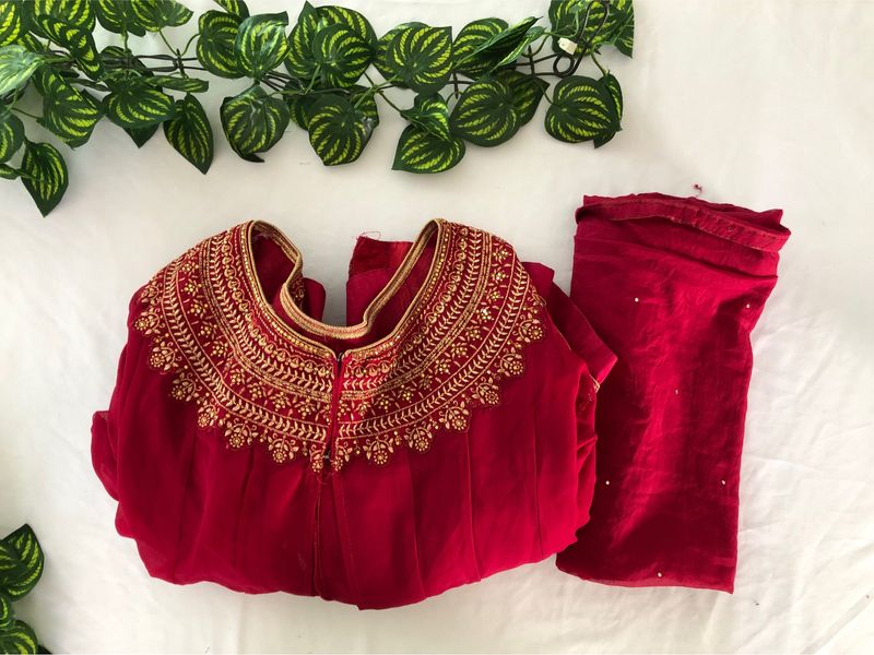 Dark Pink Embroidered Over Coat with Dupatta
