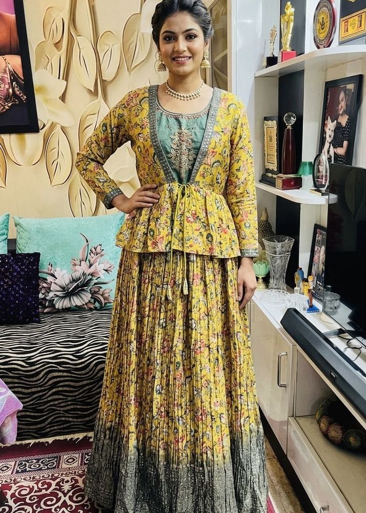 olive green Floral Peplum Lehenga Choli Set