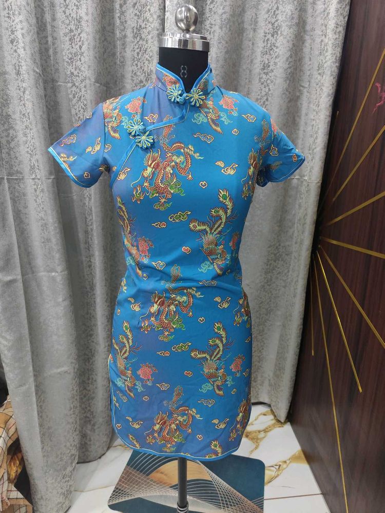 Blue Dragon Print Cheongsam Dress
