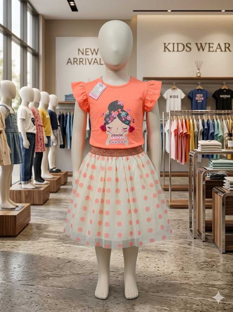 Cute Girls Orange T-Shirt and Polka Dot Skirt Set