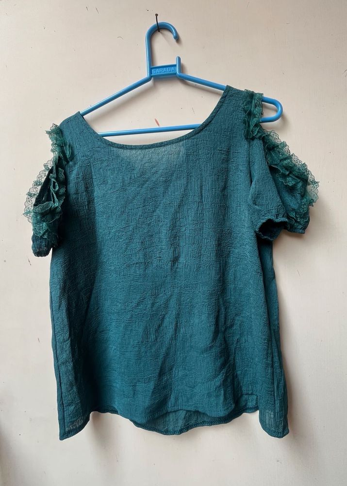 Teal Ruffle Cold Shoulder Cut Top