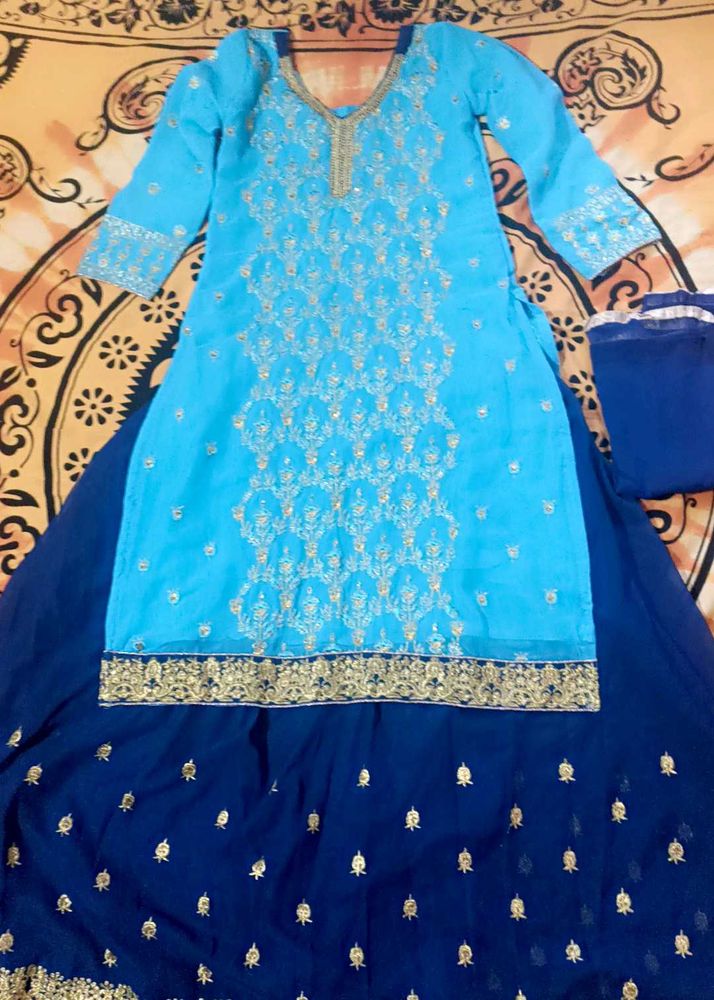 Elegant Sky Blue Embroidered kurti and lehenga set