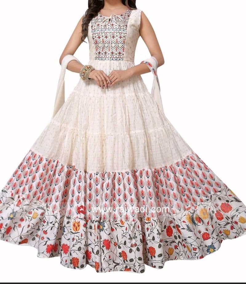 White Anarkali Gown with Floral Print