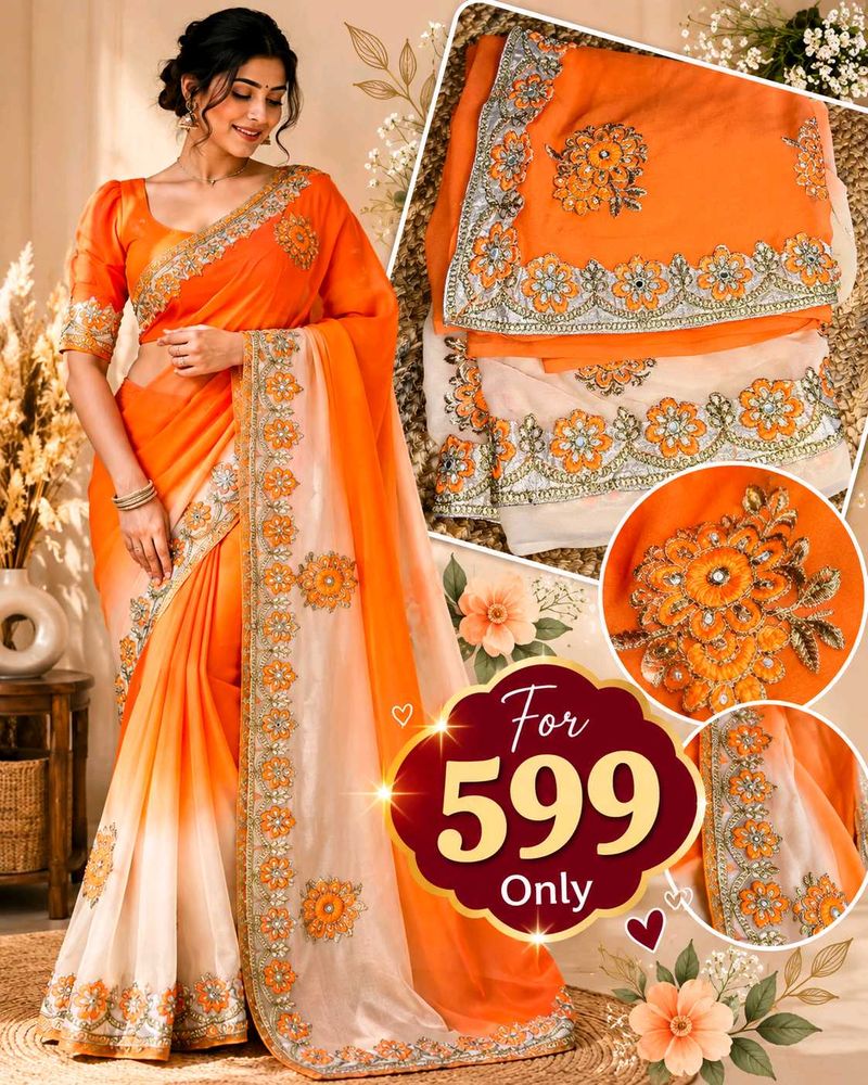 Stunning Orange Ombre Embroidered Saree