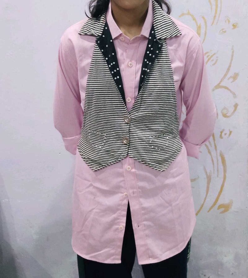 Chic Pink Shirt with Striped Vest