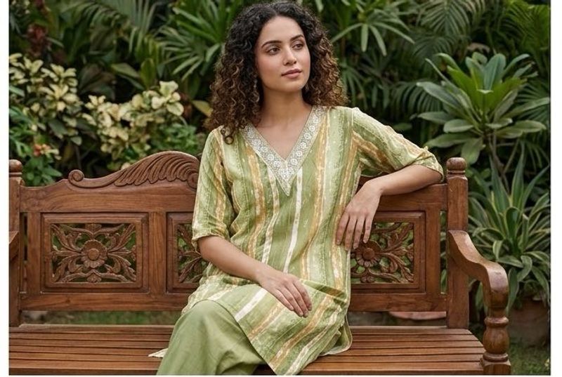 Green Striped V-Neck Kurta