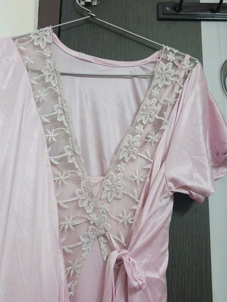 Pink Satin Robe with Lace Trim