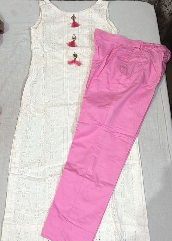 Chic White Kurta with Pink Pants