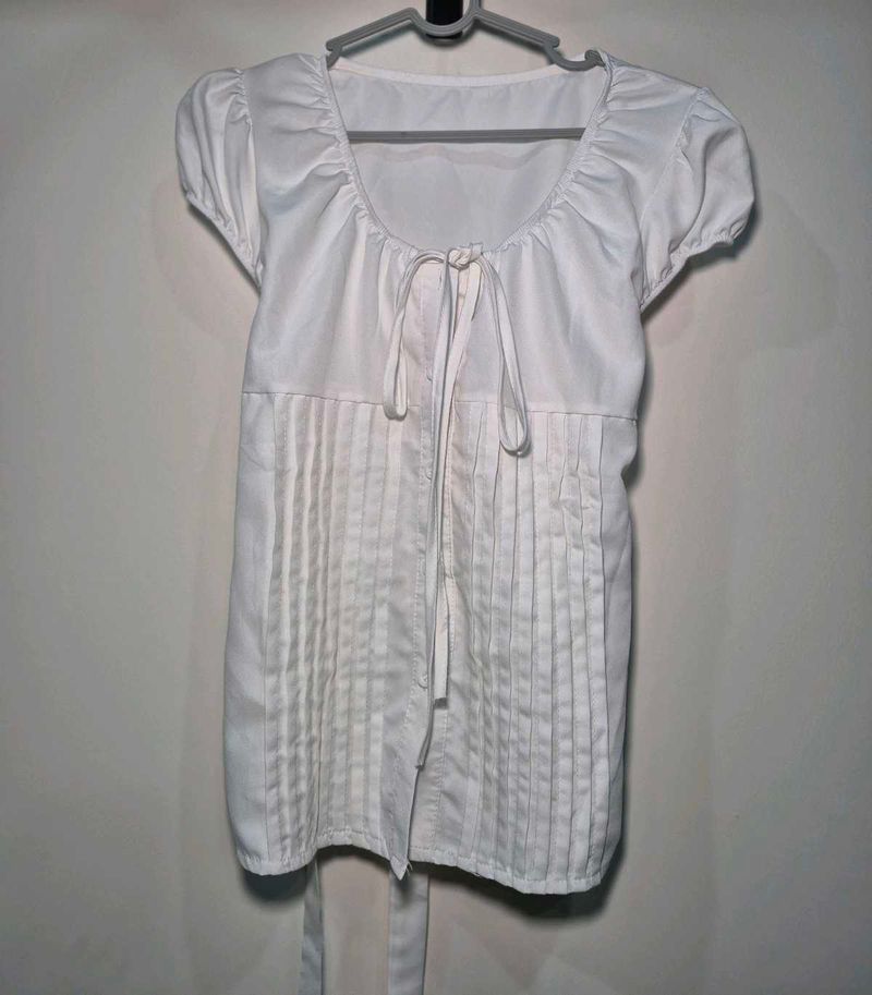 White Pleated Tie-Neck Bow Blouse