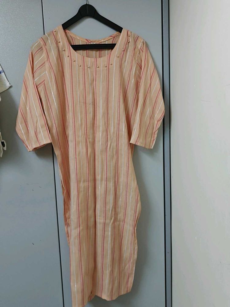 Peach Striped Kurta with Embellishments