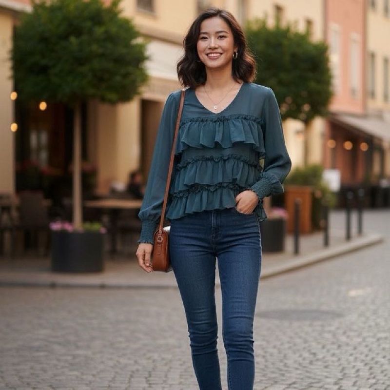 Ruffled Teal Long Sleeve Top