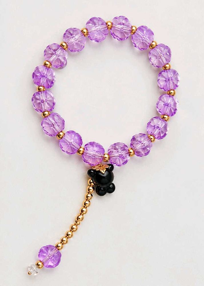 Purple Beaded Bracelet with Bear Charm