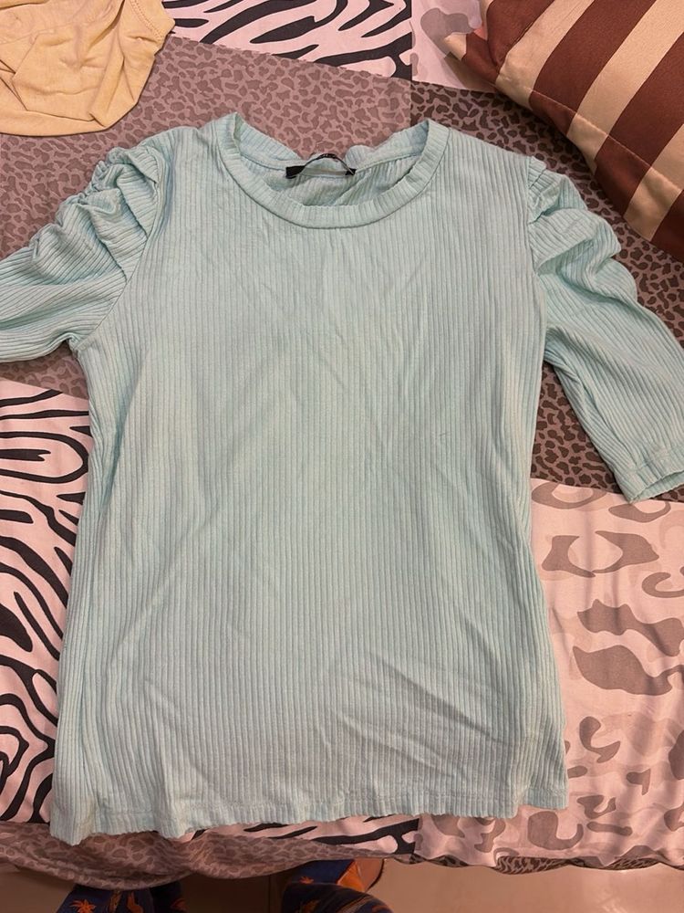 Light Blue Ribbed Top with Puff Sleeves